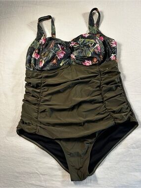 Olive Green One-Piece Swimsuit with Floral Bust
